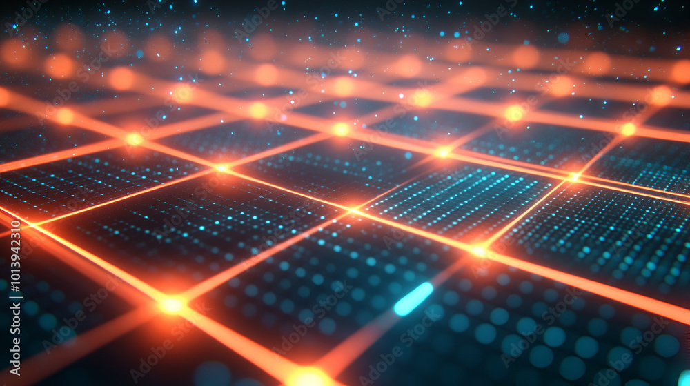 Poster abstract digital grid pattern with glowing orange and blue dots representing technology and data con
