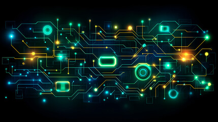 Obraz premium Abstract digital design featuring glowing circuits and lights in blue and green tones against a dark background