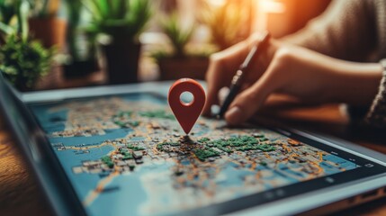 A hand uses a stylus to point at a red pin on a digital map on a tablet, highlighting a specific location on the map.