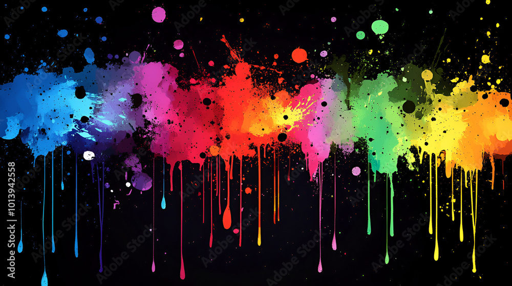 Wall mural colorful paint splashes creating an artistic explosion on a black background in a modern art setting