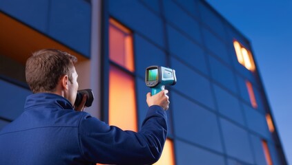 technician uses a thermal camera on a building facade during inspection