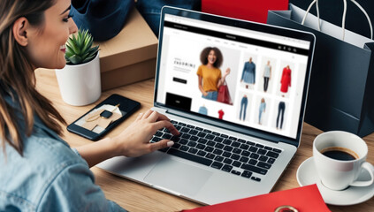 white caucasian woman browses an apparel website on their computer, flanked by paper bags and hot beverage, illustrating the convenience of digital retail