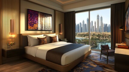 A boutique hotel room with plush bedding, unique local artwork, and a view overlooking the city skyline