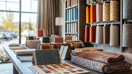 A boutique interior design studio with fabric swatches and color palettes on display, and stylish project models