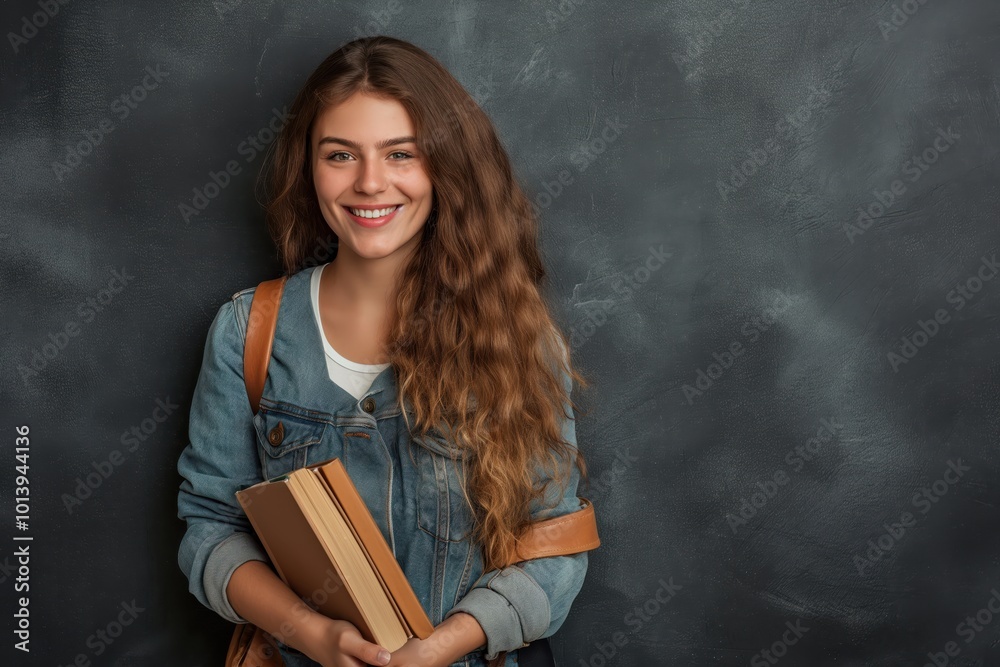 Poster A smiling girl with books in her hands on the background of a blackboard