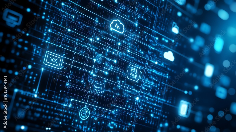 Poster Abstract digital background with blue glowing icons and lines representing network connections and data flow.