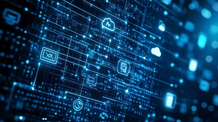 Abstract digital background with blue glowing icons and lines representing network connections and data flow.