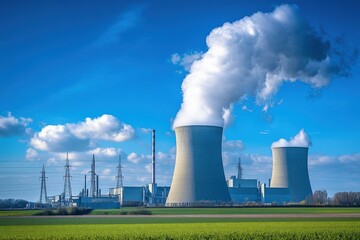 Two large power plants are in a field with a clear blue sky, generative ai image