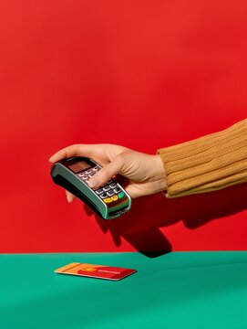 A hand operates a card reader to complete a payment transaction on a table with a green surface and a red backdrop. Generative AI