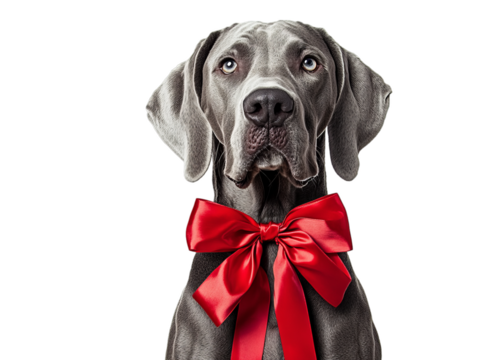 Weimaraner dog with a big red ribbon bow, isolated on white background, focus on elegance and festive style, perfect for luxury holiday advertising, Christmas promotions, upscale pet product campaigns