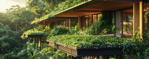 A close-up of an eco-friendly resort with living roofs and walls composed entirely of native plants, integrated seamlessly into the surrounding forest