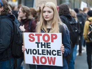 Una hermosa estudiante rubia en una protesta sosteniendo un cartel que dice "Detengan la violencia ahora"
