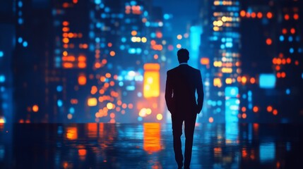 A lone businessman walks towards a glowing cityscape at night,  representing ambition and progress.
