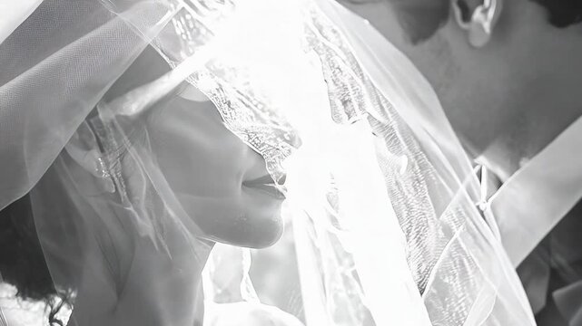 A young Caucasian bride and groom share a tender embrace. The bride, in a flowing veil, closes her eyes, while the groom, in a suit, gently leans in. The black-and-white aesthetic adds a timeless,
