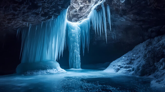 Stunning frozen waterfall in a dark glacial cave illuminated by a blue glow, with ice formations on the walls and floor. Frozen Waterfall. Illustration