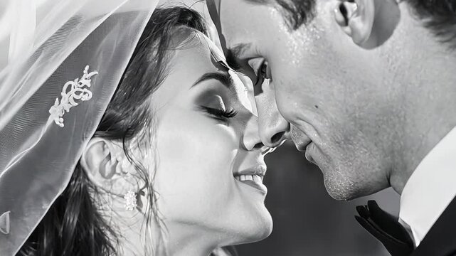 A young Caucasian newlywed couple, captured in an intimate moment under a wedding veil, gaze lovingly at each other. The black and white scene enhances the romantic and timeless feel of the wedding