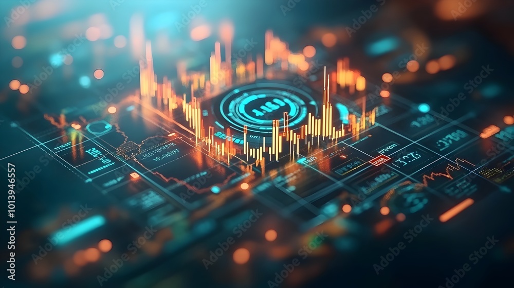 Poster dynamic blue financial data visualization with intricate candlestick market chart graph patterns dep