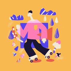Roller Skating Boy. Raster Hand Drawn Illustration of Cute Cartoon Style Graphic Concept. Sport Man and Mushrooms.