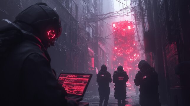Digital Rebellion: Hackers Battling Hostile AI in Dark City Alley - Cinematic Ray Tracing Concept Art