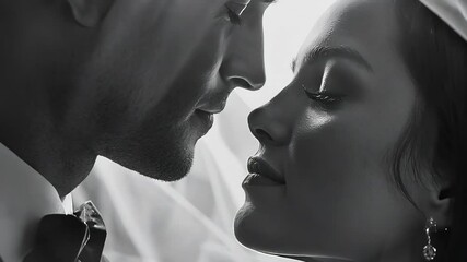 A romantic close-up of a young couple on their wedding day, focusing on a groom in a suit and a bride in a veil. Their faces are close, sharing an intimate moment. The black-and-white tone emphasizes