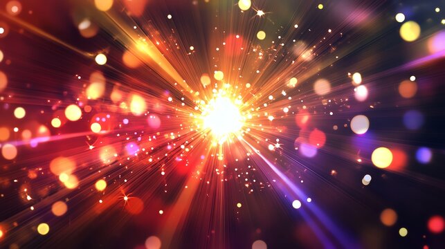 Colorful light burst with shimmering particles on a dark background.