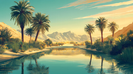 Surreal desert oasis: shimmering pools lush palm trees distant mirages. Desert Mirage. Illustration