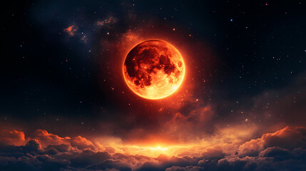 Obraz premium Red glowing eclipse in a dark space setting, with a surreal atmosphere. Lunar Eclipse. Illustration