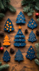 Creative Christmas Tree Decorations on Wooden Background