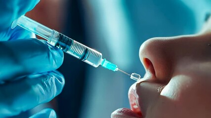 A medical professional in blue gloves administers an injection to a young patient's lip, focusing on precision. The scene, likely set in a clinical environment, conveys themes of medical treatment