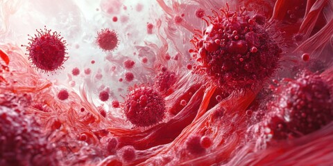 Fototapeta premium Intricate Microscopic Visualization of Viruses in a Dynamic Red Environment