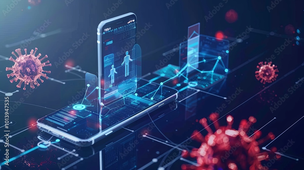 Poster users interact with a smartphone displaying an emergency alert about virus protection and data netwo
