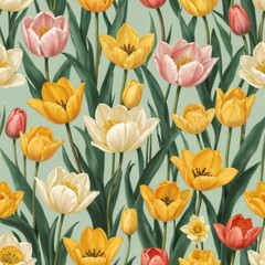 Tulip flower pattern design with yellow, pink, and white tulips on a light green background