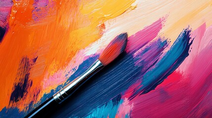 Obraz premium Colorful paint strokes with a brush on a vibrant canvas.
