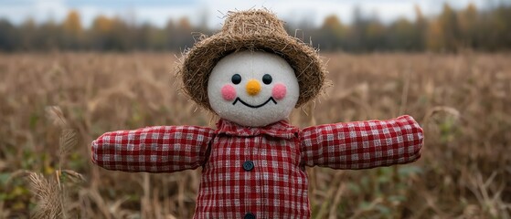 A cheerful scarecrow stands in a golden field, bringing warmth and charm to a serene autumn landscape.