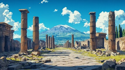 A long cobblestone road lined with ancient Roman columns leads to the imposing Mount Vesuvius in the distance.