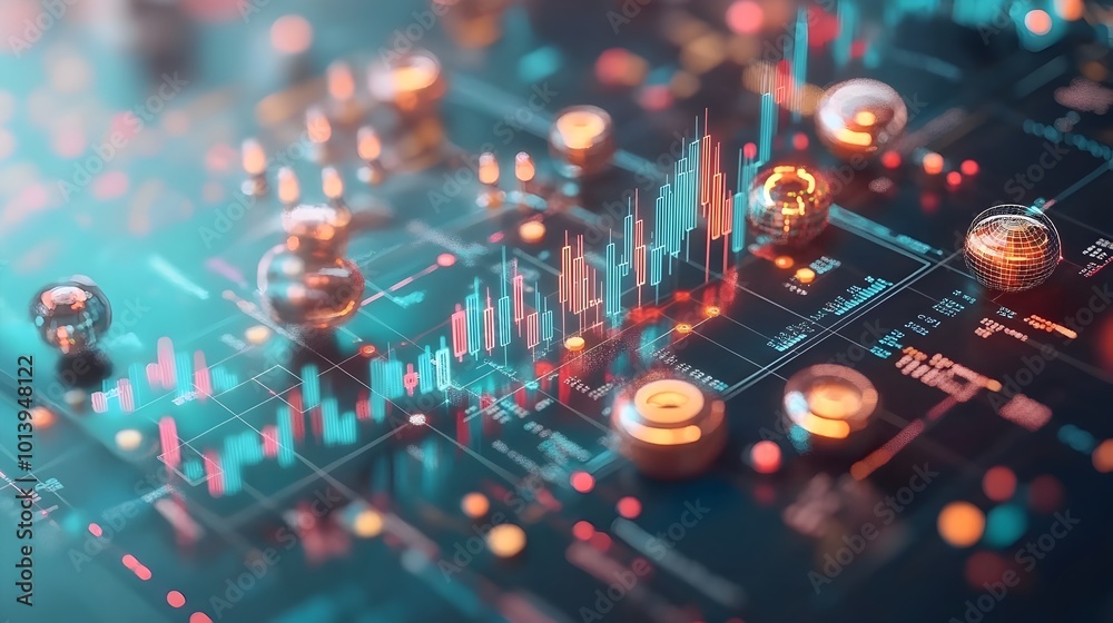 Poster macro closeup view of a detailed blue market investment trading chart displaying financial analytics