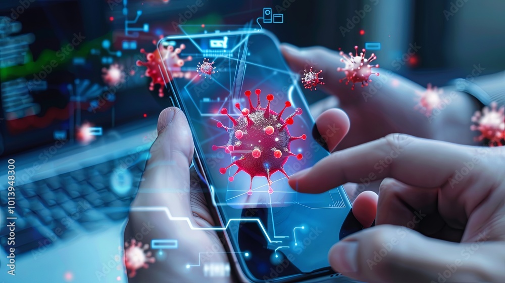 Aufkleber A smartphone displays an emergency alert for virus protection as users interact with data security applications to stay safe. Generative AI