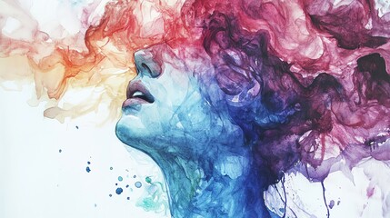 Fototapeta premium Colorful watercolor portrait depicting emotions and thoughts in vibrant hues.