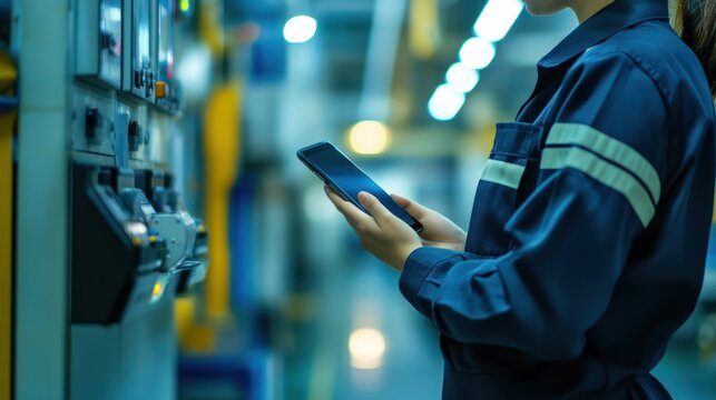 Woman in blue uniform using phone in factory