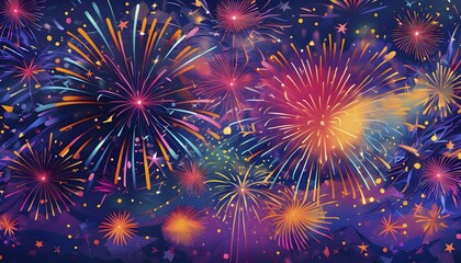 Naklejka premium Wallpaper illustration of an explosion of vibrant fireworks colors in a night sky, symbol for happy new year, AI generated