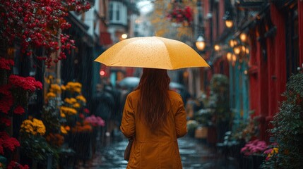 Woman Walking in the Rain with a Yellow Umbrella in a Cobblestone Alleyway