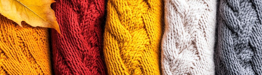 Colorful knitted fabrics in autumn hues, showcasing intricate patterns and textures for cozy seasonal style.