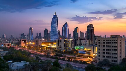 Fototapeta premium KAFD buildings in Riyadh during the blue hour, showcasing the city's modern skyline and illuminated architecture against a tranquil evening backdrop