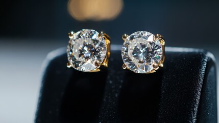Gold Earrings with Large Diamonds on Black Velvet Stand