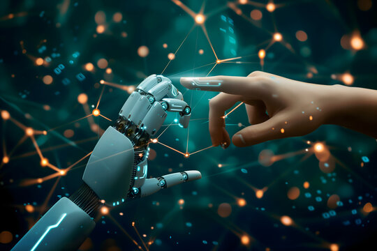 Artificial technology, robotics concept. Hands touching. impact of ai on humanity. High quality photo