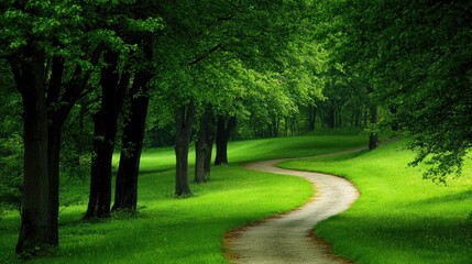 Serene Curved Path Through Lush Green Forest