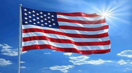 Obraz premium The Majestic American Flag Waves Proudly Underneath a Bright Blue Sky with Delicate Clouds, Symbolizing Freedom and Unity for All