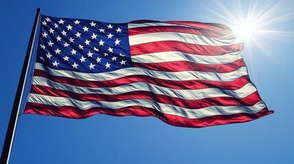 Obraz premium Majestic American Flag Waves Gracefully Under a Brilliant Sky, Symbolizing Unity and Freedom Across the Land with Spirited Pride.