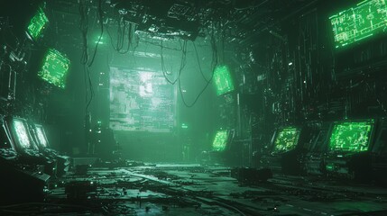 Abandoned Control Room in Hostile AI Dystopia - Ultra-Detailed Concept Art of Darkened Tech Sanctuary with Human Traces