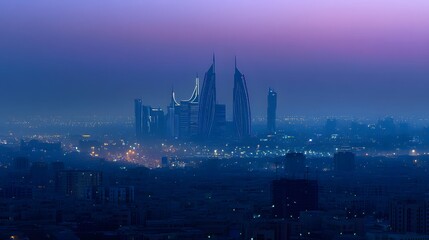 Obraz premium KAFD buildings in Riyadh during the blue hour, showcasing the city's modern skyline and illuminated architecture against a tranquil evening backdrop